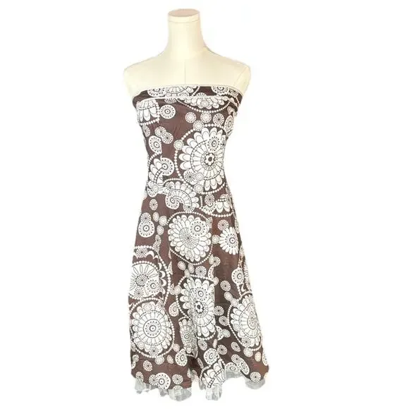 Y2K Ruby Rox Brown Floral Strapless Tube top A-Line Zip Up Lined Dress Boho Sz L - Picture 1 of 6